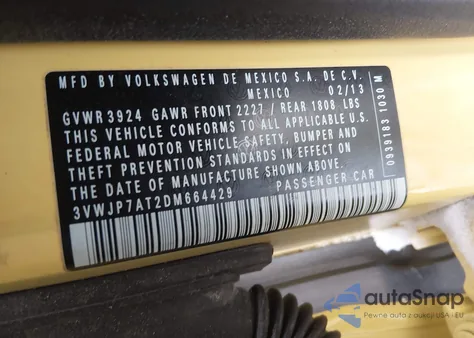 2013 Volkswagen Beetle 2.5L из США, поврежденный, VIN 3VWJP7AT2DM664429